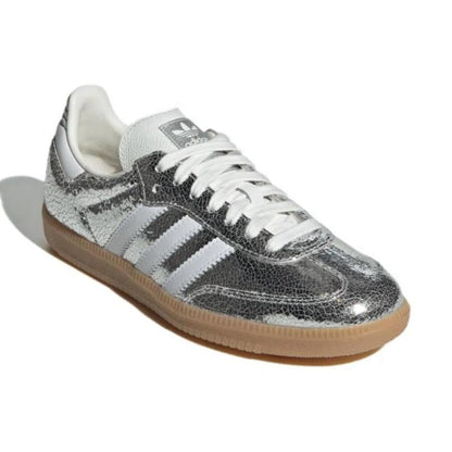Adidas Samba OG Silver Metallic Cracked Leather Women's Perfect Daily Shoes.