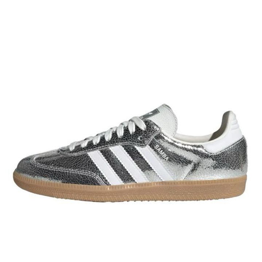 Adidas Samba OG Silver Metallic Cracked Leather Women's Perfect Daily Shoes.